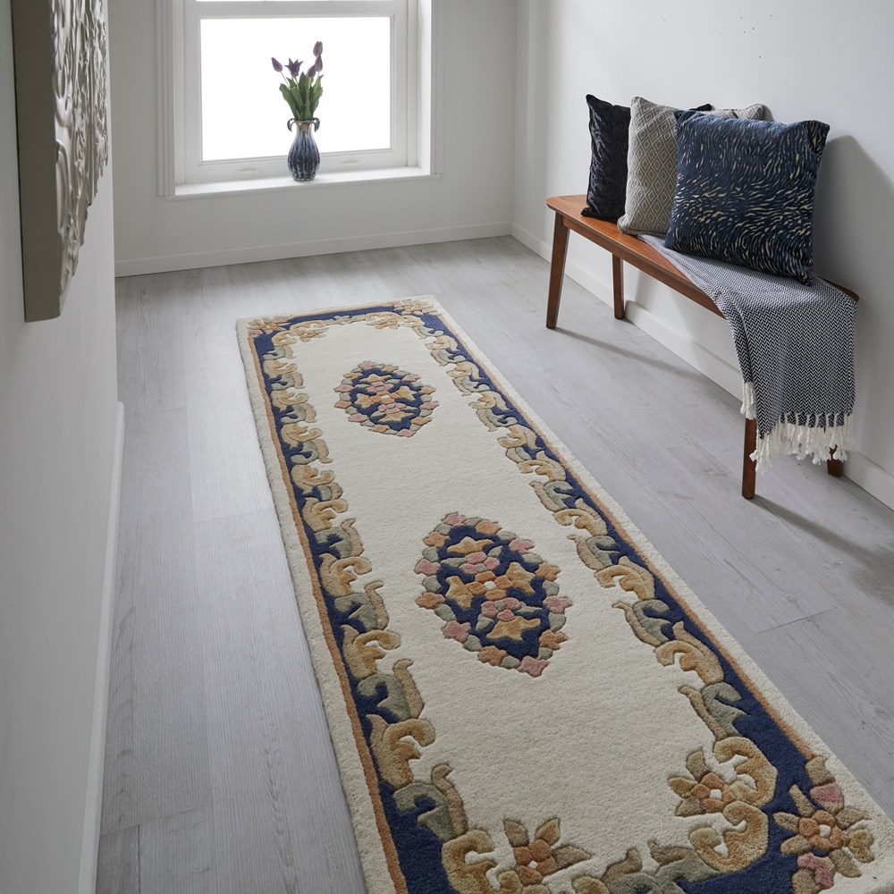 Royal Aubusson Runner rugs in Cream Blue